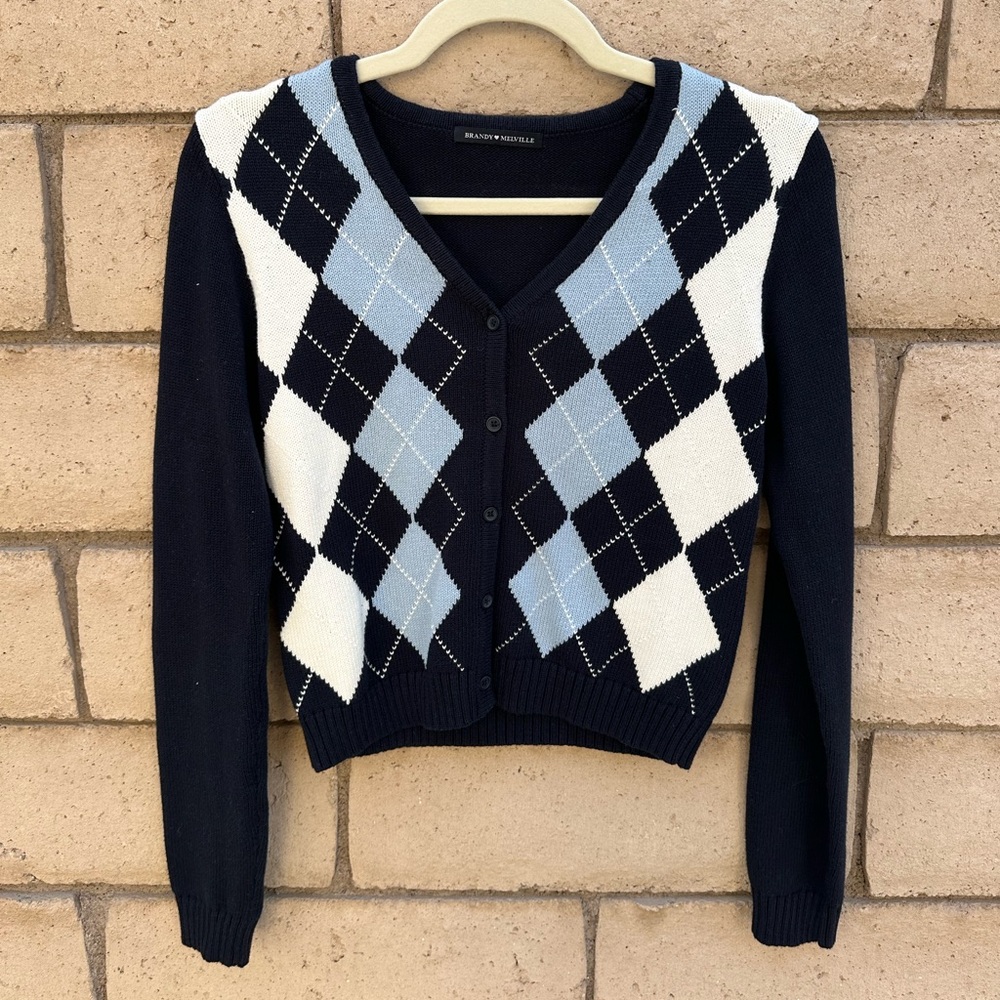 Brandy Melville Argyle Cardigan - Black, White, and Blue